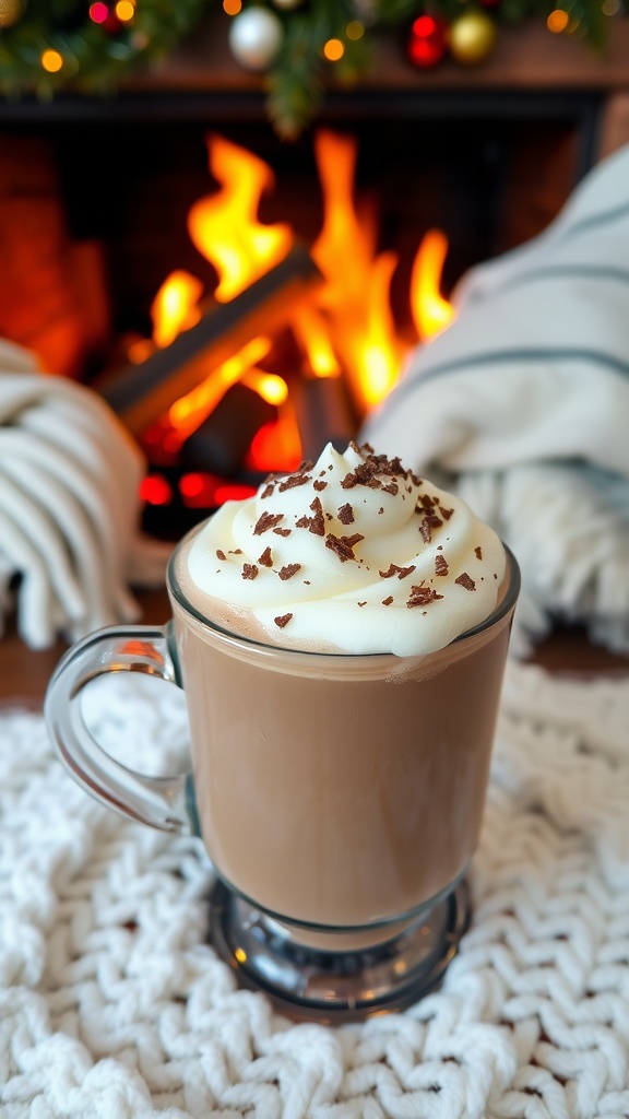 A warm mug of hot chocolate with whipped cream and chocolate shavings, set by a fireplace.